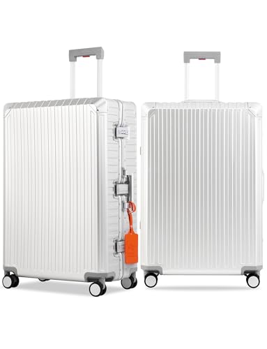KANGSHILU Mvst Luggage Premium All Aluminum Magnesium Carry On 20'' Lightweight Metal,Suitcase with Spinner Wheels Built-in Toiletry Set, Luggage Protector（silvery） (Silver, 29inch)