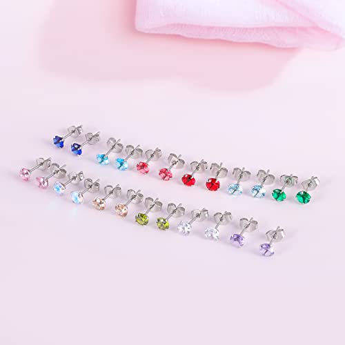 12 Pairs 18K Gold Plated Surgical Stainless Steel Stud Earrings, Star Heart Square Stud Earring for Women, Cubic Zirconia Birthstone Stud Earrings Set2