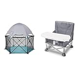 Summer Infant Pop ‘N Play Deluxe Ultimate Playard Aqua Splash Portable Play Pen and Pop 'N Sit Portable Booster Chair Floor Seat Grey