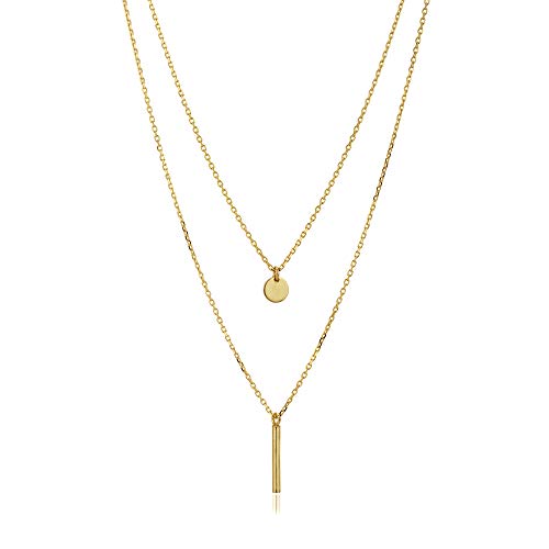 18K Gold Plated Jewelry - Bar & Circle Pendant Necklace - Double Layered Chain - Handcrafted Beautifully Deisgned for Women- 16