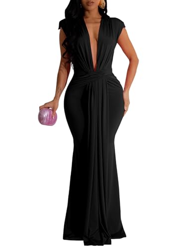 Yuopeid Women's Sexy Sleeveless Deep V Neck Fashion Ruched Bodycon Floor Length Formal Evening Party Maxi Long Dress