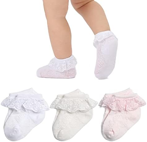 Mini Angel Baby Lace Socks Infant Girls Eyelet Lace Ruffle Frilly Ankle Socks Soft Cotton Dress Socks with Box Gift Set,3 Pairs,White/Cream/Pink,3-6 Months