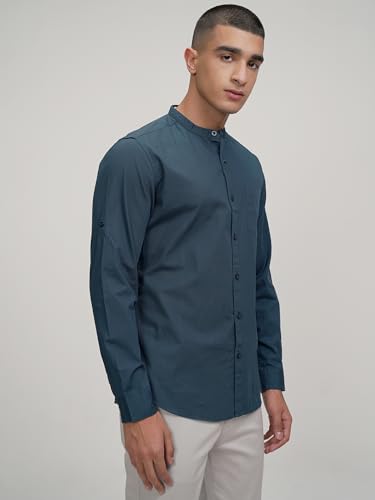 Image of Highlander Men's Slim Fit Casual Shirts | Solid | Long Sleeves | Mandarin Collar | Casual Shirts for Men