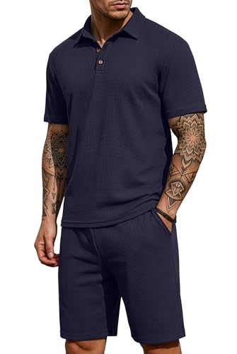 PrinStory Men's Summer Outfits Waffle Knit Polo Shirt and Shorts