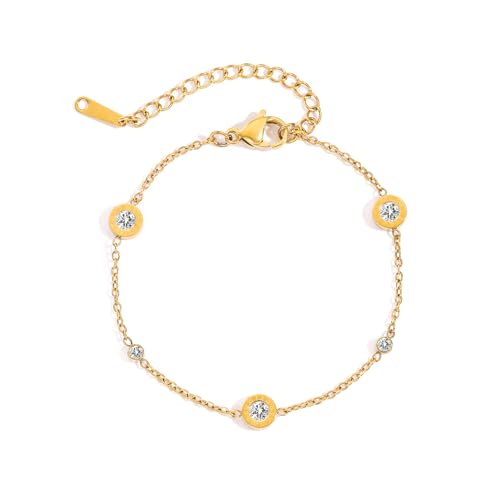 Gold Bracelets for Women,14K Gold Stainless Steel Roman Numeral Bracelet, Cubic Zirconia Simulated Diamond Bracelet, Adjustable Minimalist Chain Jewelry Gift for Women