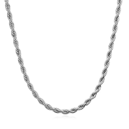 JENCVNL Verdrehte Kette Herren Damen, 2/3/4/5/6mm Edelstahl Kordelkette Seilkette Silberkette Rope Kette Halskette für Mann Fraun, Länge 46/51/56/61/66cm (Silber-2mm, 56.00)