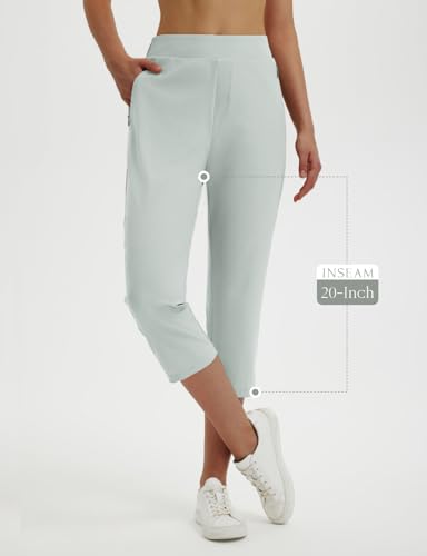 Image of baleaf 20'' Women Capris with Pockets Stretch Golf Work Dress Cropped Pants Straight Leg High Waisted Pull On Summer