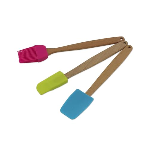 Zenker 30939 Kit d'ustensiles à pâtisserie, spatule à pâtisserie, Pinceau de pâtisserie, Bois, Silicone, Rose, Vert, Bleu, 20 cm