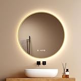 EMKE Espejo de Baño Redondo 70 cm, Marco Dorado Cobrizo Cepillado, LED Táctil Regulable 4300K, Antivaho Independiente, Reloj/Temperatura, Memoria & Apagado Automático 3h, IP44