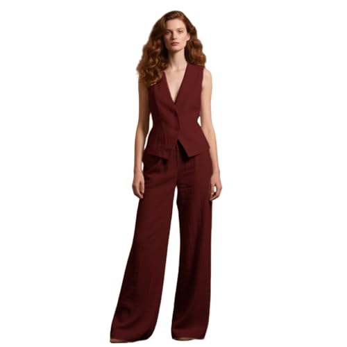 Womens Linen Suit Summer 2 Piece Outfits Casual Vest and Wide Pants Set