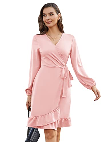 Kate Kasin Women's Tie Waist Semi Formal Dress Long Sleeve V Neck Wrap Dress Homecoming Dress Party Work Dress With Belt Light Pink M #TOP11