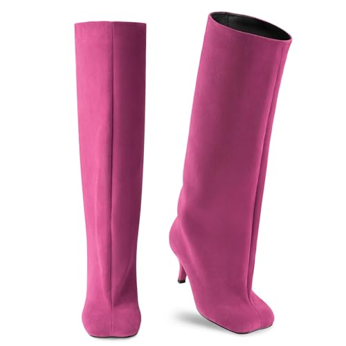 Oh Mispares Womens Hot Pink Suede Knee High Boots - Square Toe Wide Calf Stiletto Low Heels - Fashionable Kitten Heel Pull-On Tall Winter Boots for Ladies US6