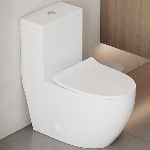 Inodoro de una pieza alargado, moderno con taza envuelta, descarga silenciosa por sifón y jet dual 1,1/1,28 GPF, incluye asiento de cierre suave, empotrado a 12 pulgadas