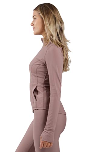 90 Degree By Reflex Womens High Neck Slim Fit Ribbed Zip Up Athletic Running Jacket With Thumbholes - Honey Glow - Medium #TOP2