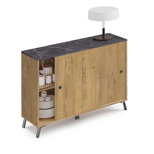 Miroytengo Mueble aparador Kamet 2 Puertas correderas Color Roble Gold y Efecto Mármol Salón Comedor 87x120x40 cm