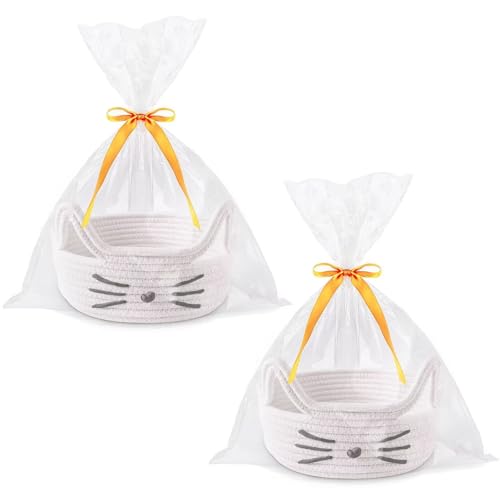 Himitimi 2 Pack Cute Cat Toy Baskets Baby Gift Basket Small Woven Basket with Gift Bags and Ribbons Empty Decorative Storage Basket for Nursery Baby Shower(White,9x4 inch)