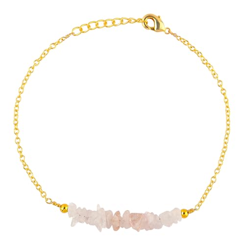 Natural Rose Quartz Chips Bar Bracelet, Healing Crystal, Gold Plated Raw Beads Bracelet, 7+1 inch Adjustable Chain, Gift For Her (Rose Quartz)