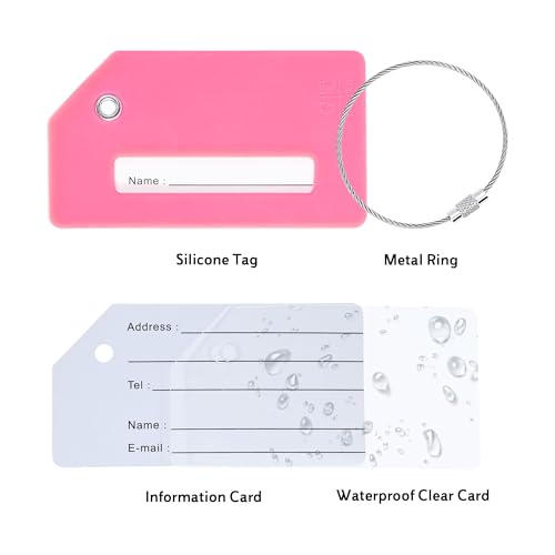 Image of Silicone Luggage Tag for Suitcases with Stainless Loop, TSA Approved, Privacy Protection Travel Essentials Bag Tags by Gostwo, Pink, 3.6 inch x 2 inch x 0.25 inch, Playful /Feminine