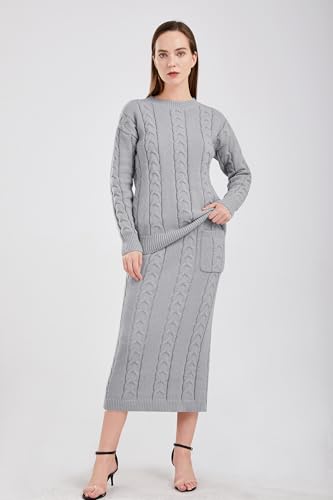Image of utcoco Womens Sweater Sets Winter Chunky Cable Knit 2 Piece Outfits Sweater Skirt Set
