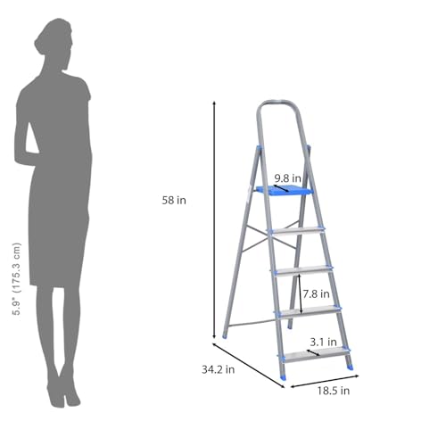 Image of Nilkamal Rise 5 Step Heavy Duty Steel Ladder with Aluminium Steps | for Home Use | Climb Easy Anti-Slip Steps | Secure Safety Clutch Lock | 150 kg Capacity | 1 Year Warranty
