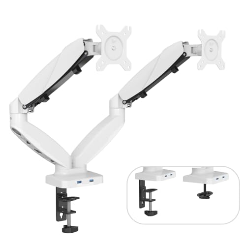 Image of UNIQ MOUNTS Heavy Duty Premium 13''-27'' Dual Monitor Arm, 180 Swivel, 360 Rotation, +90-85 Tilt, VESA 75x75 /100x100, 15kg Weight Capacity Per Arm, 2 USB Port (White)