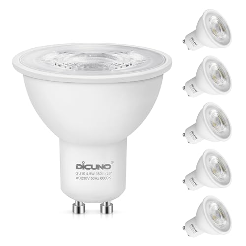 DiCUNO GU10 LED Bulbs Cool White 6000K, 4.5W 380LM Energy Saving GU10 LED Light Bulbs, 40W Halogen Spotlight Equivalent, Non-dimmable for Home Lighting Decor, 38° Beam Angle, 6 Pcs