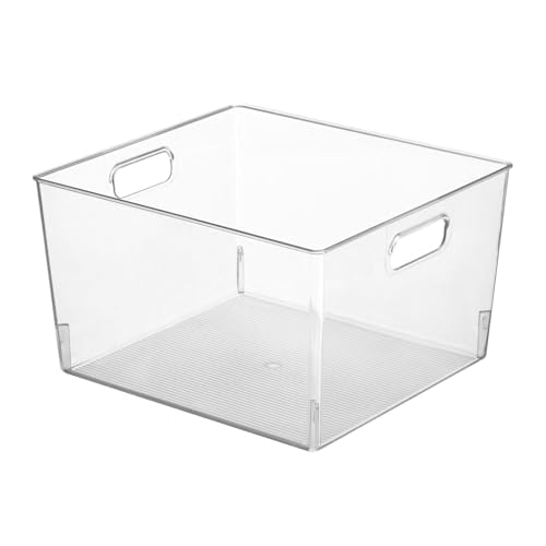 mDesign Large Plastic Office Storage Organizer Container Bin with Handles - Basket for Cabinet, Cupboard, Desk, Closet and Shelf Organization - Holds Notebook, Books - Ligne Collection, 8 Pack, Clear