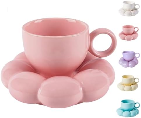 Goaste 2 Pack Ceramic Coffee Mug With Saucer Set, Cute Cloud Mug With Sunflower Coaster, 8oz Creative Latte Tea Cup For Office, Home, Coffee, Tea, Latte, Milk, Pink, Pearl White