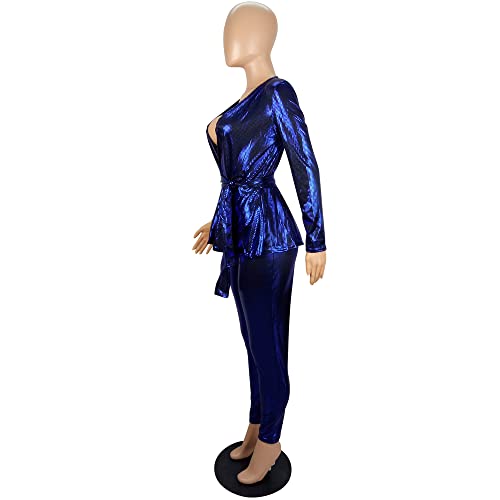 WOKANSE Sequin Two Piece Set for Women Glitter V Neck Long Sleeve Belt Blazer Bodycon Long Pants Club Wear4