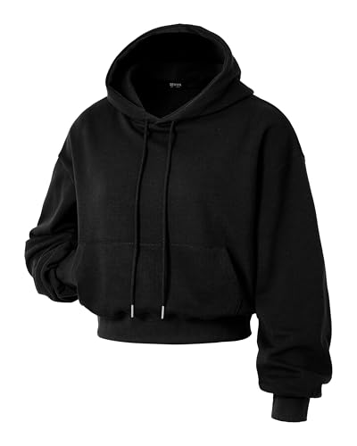 GIVON Women's Black Cropped Hoodie Pullover Drop Shoulder Lightweight Loose Casual Crop Hoodies / DCF279-BLACK-M