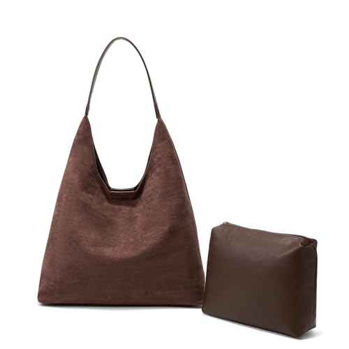 Image of Suede Hobo Bags For Women Purse - Lightweight Large Suede Slouchy Shoulder Bag, Brown Suede Satchel Tote Bag Handbag