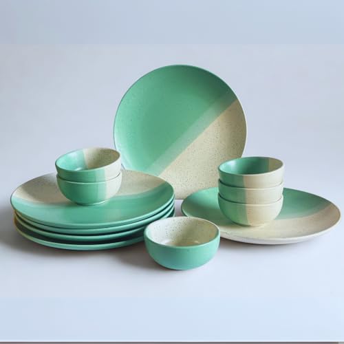 Image of Freakway Ceramic Dinner Set | 6-Piece Dual Tone Mint Green & Beige Speckled Plates & 6 Bowls | Elegant Serving Set for Meals & Dining Table