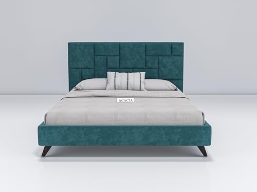 Image of Acacia Modern Upholstered King Size Bed for Bedroom | Wooden Double Bed | Platform Cot Bed with Upholstery Premium Fabric | 6.5 x 6 Ft, Sheesham Solid Wood | Brown, Turquoise