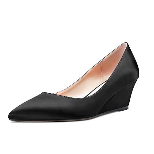 HEUIVZAR Women Wedge Pumps Pointed Toe Block Chunky Mid Low Heel Slip-on Dress Shoes Classic Satin 2 Inch2
