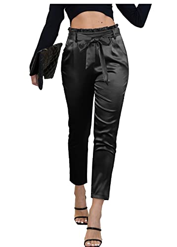heipeiwa Womens Satin Pants Casual Dress High Waist Bow-Knot Cropped Paper Bag Pants
