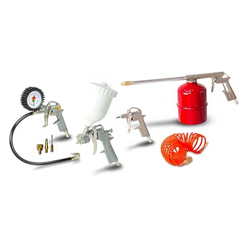 Avilia Juego de Pistolas y aerógrafos para Aire comprimido, Kit compresor con 3 Pistolas para Lavado, inflado de neumáticos y Aire comprimido, 1 aerógrafo y 1 Flexible, Ideal para Eliminar el Polvo