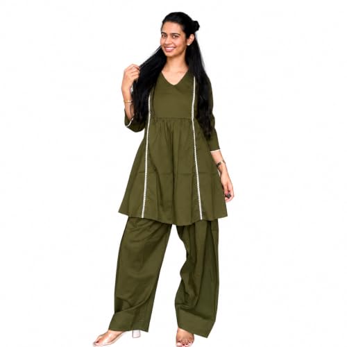 Image of Women's Cotton Farshi Salwar Suit Set | 3 /4 Sleeves, Plain Kurti