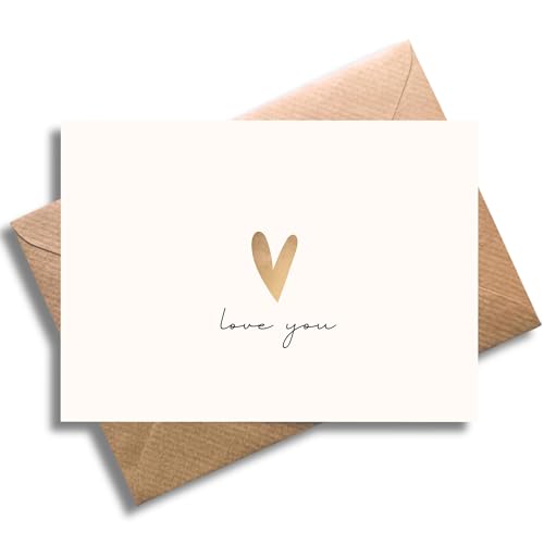 WBdesignz Liebeskarte mit Umschlag - Geschenk Karte zum Valentinstag Love You - Liebesgeständnis - Ich liebe dich - Goldenes Herz - Romantische Valentinskarte - für Partner Freundin Date (DIN A6)