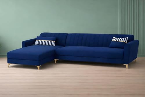 Image of Adorn India Premium Luster 6 Seater L Shape Sofa Set | Velvet Suede Fabric | 3-Year Warranty | LHS |Color Blue with Golden Legs & Striped Pattern Cushion