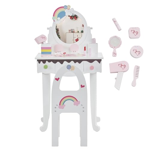 Image of Princess Vanity Table with Lights,Princess Makeup Vanity Desk with Storage Drawer, 2 in 1 Vanity Table & Chair Set with Mirror for Girls (Style 2-White)