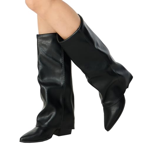 Knee High Boots Women, Fold Over Shark Boots Pointed Toe block heels Wide Calf，Minimalist Street Style Faux Leather Boots for Fall & Winter3