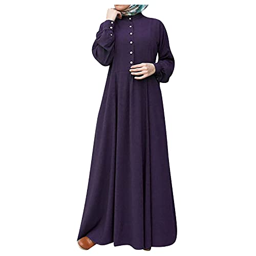 NIUQI Women's Kaftan Abayas Muslim Dress Long Sleeve Islamic Robe Button Up Maxi Dress Purple