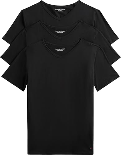 Tommy Hilfiger T-Shirts Manches Courtes Lot de 3 Homme Stretch Col en V, Noir (Black/Black/Black), L