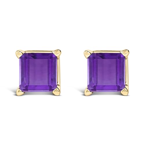 14K Yellow Gold 5x5MM Princess Cut Purple Amethyst Solitaire Stud Earrings