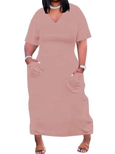 Image of SUZONANA Women Casual T-Shirt Dress V Neck Short Sleeve Solid Color Oversize Dress with Front Two Pockets