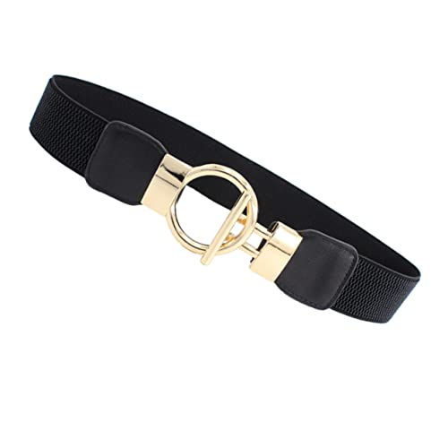 Wide Elastic Waist Belt for Women Solid Stretchy Waistband with Golden Round Buckle Cinch Corset Belt for Dresses and Pants PU Alloy Material Accessory
