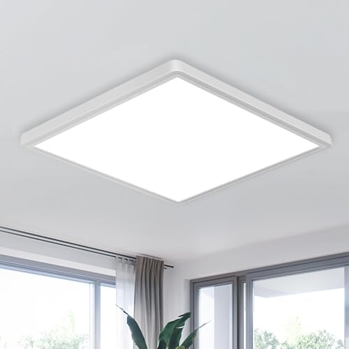 white Goeco 12 Inch Square Flush Mount LED Ceiling Light, 24W 6500K Daylight Cool White, Super Bright Surface Mount Ceiling Light Fixture for Bedroom, Living Room, Kitchen, Bathroom, Laundry Room, Closet