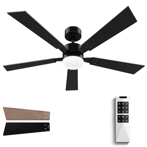 Arbrac Ventilador de techo de 52 pulgadas con luz, control remoto, ventilador de techo negro, motor CC silencioso reversible, lámpara regulable de 22 W 3CCT, ventilador de recámara, sala de estar