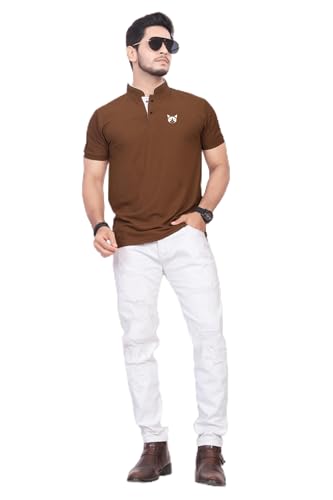 BAGHADBILLO Men's and Boy's Polyster T-Shirt with Mandarin Collared Neck Half Sleeves Closuer Button and Regular Fit | Polo t Shirt for Man