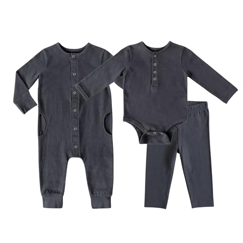 PEHR Babys First Essentials Set Fountain Blue | 100% Organic Cotton 3-Piece Unisex Newborn Gift Set | Long Sleeve One-Piece Romper and Leggings (03M)